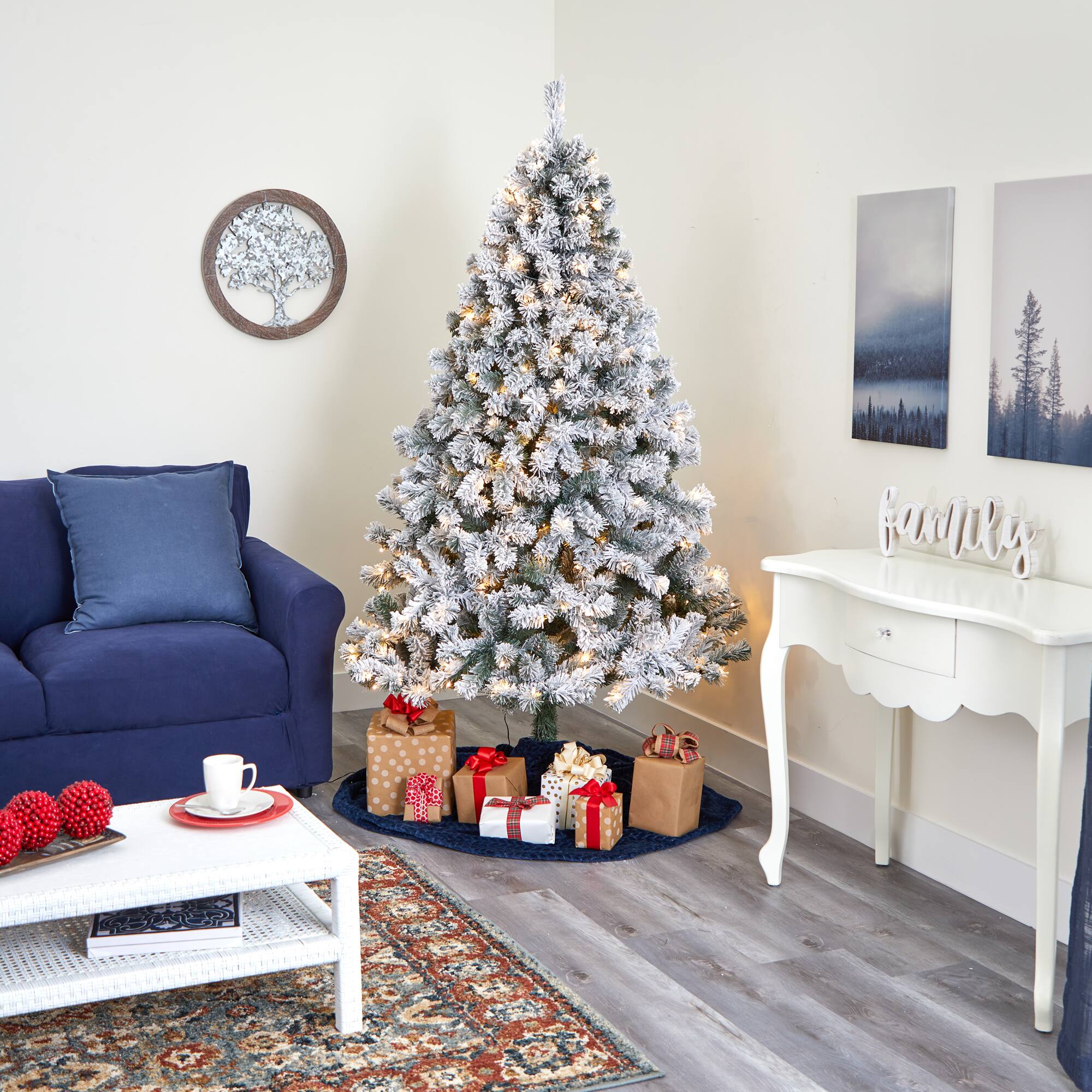 7ft. Pre-Lit Flocked West Virginia Fir Artificial Christmas Tree, Clear LED Lights